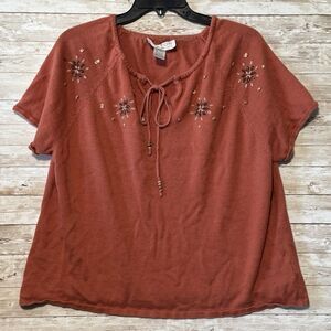 Norton Studio Knit Blouse Top Sz 2X Rust Boho Embroidered Short Sleeve Tie Neck